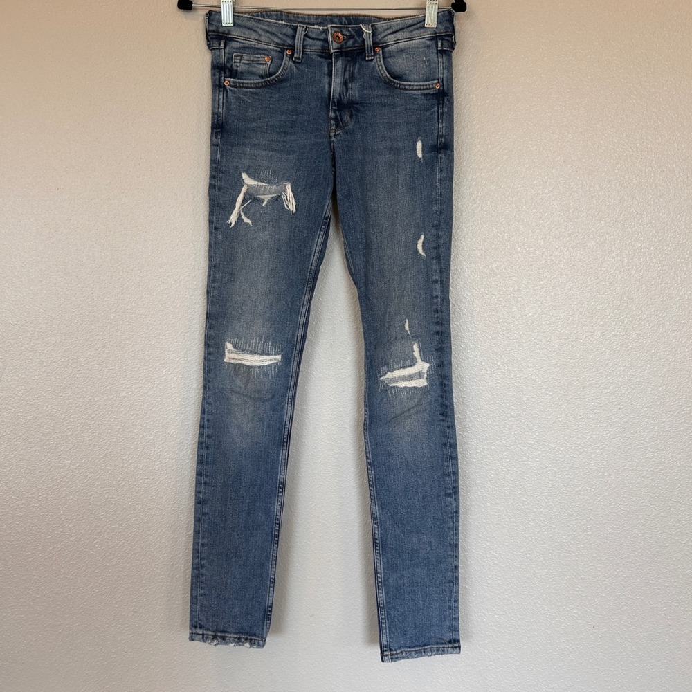 &Denim H&M Skinny Low Waist Distressed Ripped Jeans Blue Medium Wash 27